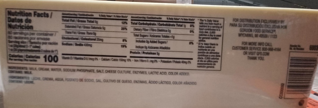 AMERICAN, Cheese, Block, White, GFS, 6-5 lb 