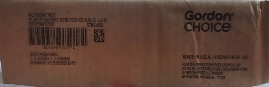 CHEDDAR, Cheese, Mild, Block, Yellow, Gordon Choice, 2-5 lb