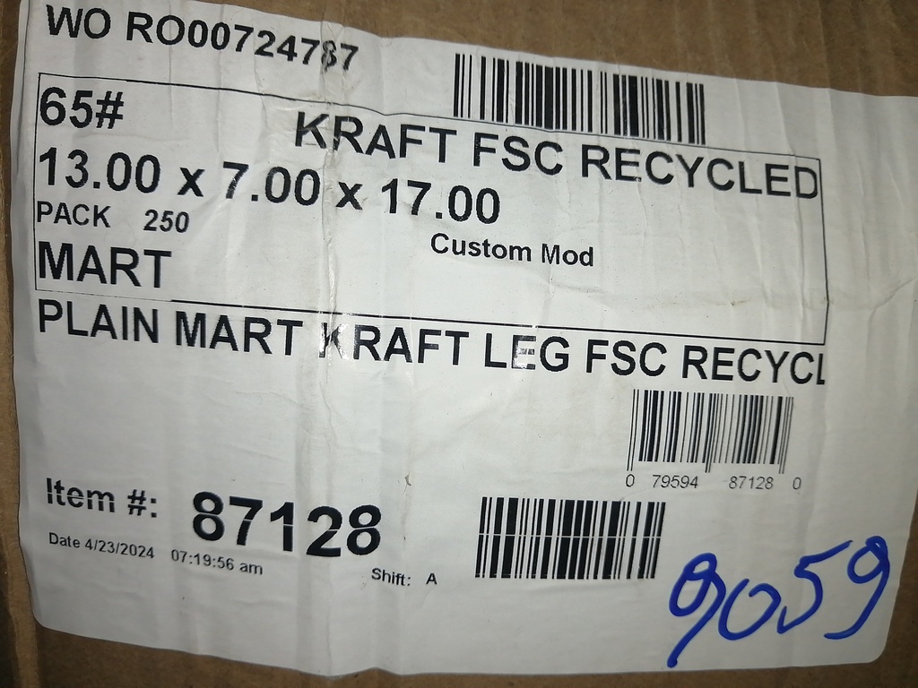 BAG, Paper, Kraft, Plain, #65, With Handles, 13"x 7"x 17", Mart Leg, 250 ct /-cs 