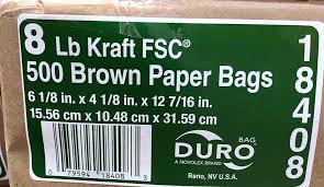 BAG, Paper, 8 lbs, Brown,# 18408, Duro, 6 1/8"x 4 1/8"x 12 7/16", 500 ct /-cs