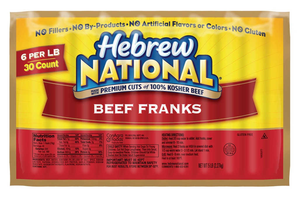 HOT DOG, Beef, Hebrew, National, Francks, 30 ct