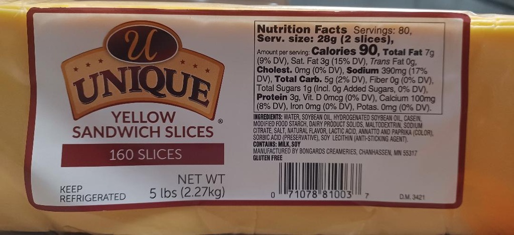 AMERICAN, Cheese, Sliced, Yellow, Unique, 6-5 lb  