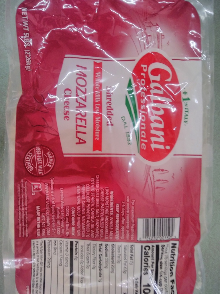 MOZZARELLA, Cheese, Shredded, Sorrento Galbani, 6-5 lb  