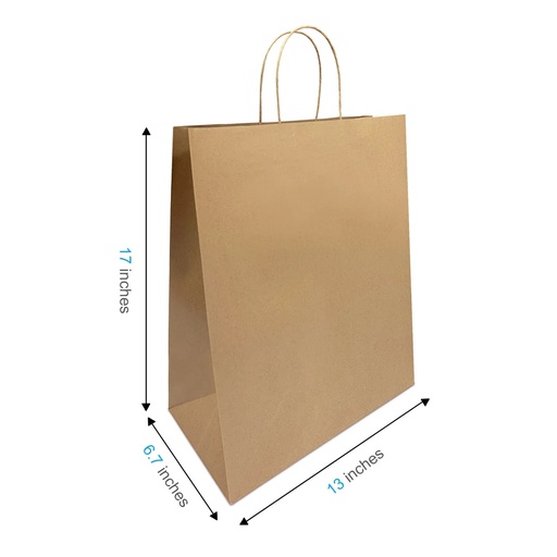 [9095-US] BAG, Paper, Kraft , Shopping, With Handles, 13"x 7"x 17", 250 ct /-cs