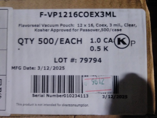 [9612-US] BAG, Plastic, Vacuum, 12"x16", # 78679, Pouch, 2-250 ct  